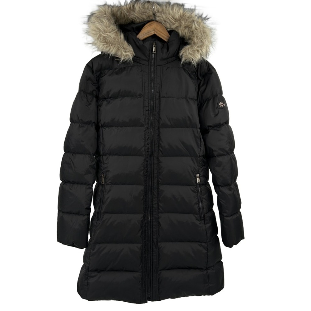 Lauren Ralph Lauren Goose Down Parka Coat Womens XL Fur Trim Hooded Quilted Logo